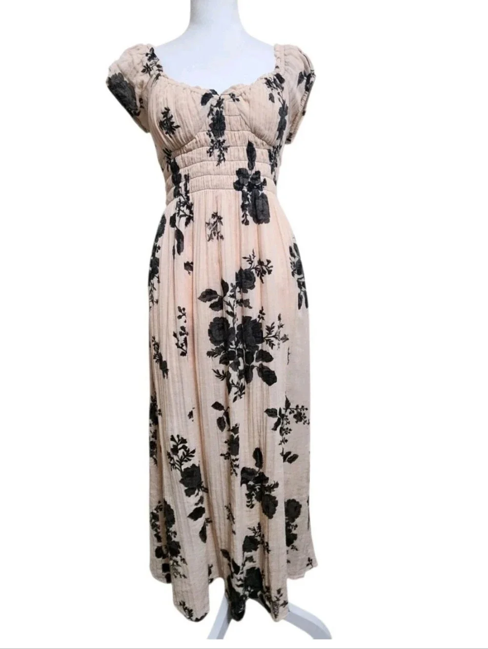 💐Free People Forget Me Not Midi Dress Sz M Peach Floral Cottagecore Smock Boho - Picture 3 of 16
